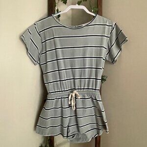 Steel Blue Romper with Navy Stripes – Cinched Waist Fit